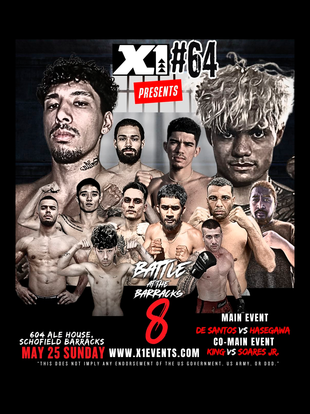 Official X-1 #64 fight poster with featured matchups: De Santos vs. Hasegawa, King vs. Soares Jr