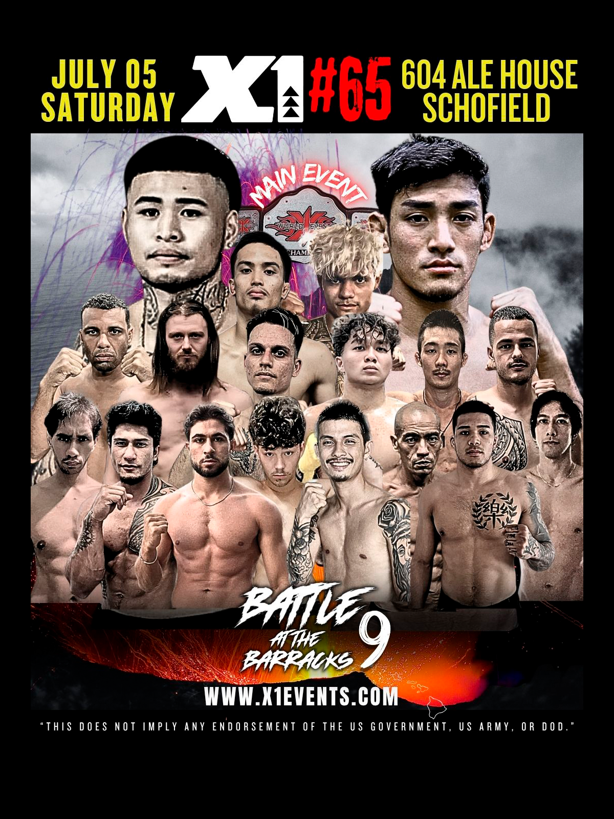 Event poster for X-1 #65: Battle at the Barracks 9 — July 5, 2025 at 604 Ale House, Schofield; collage of fighters featuring main event Rysen Leong vs Tristan Futa.