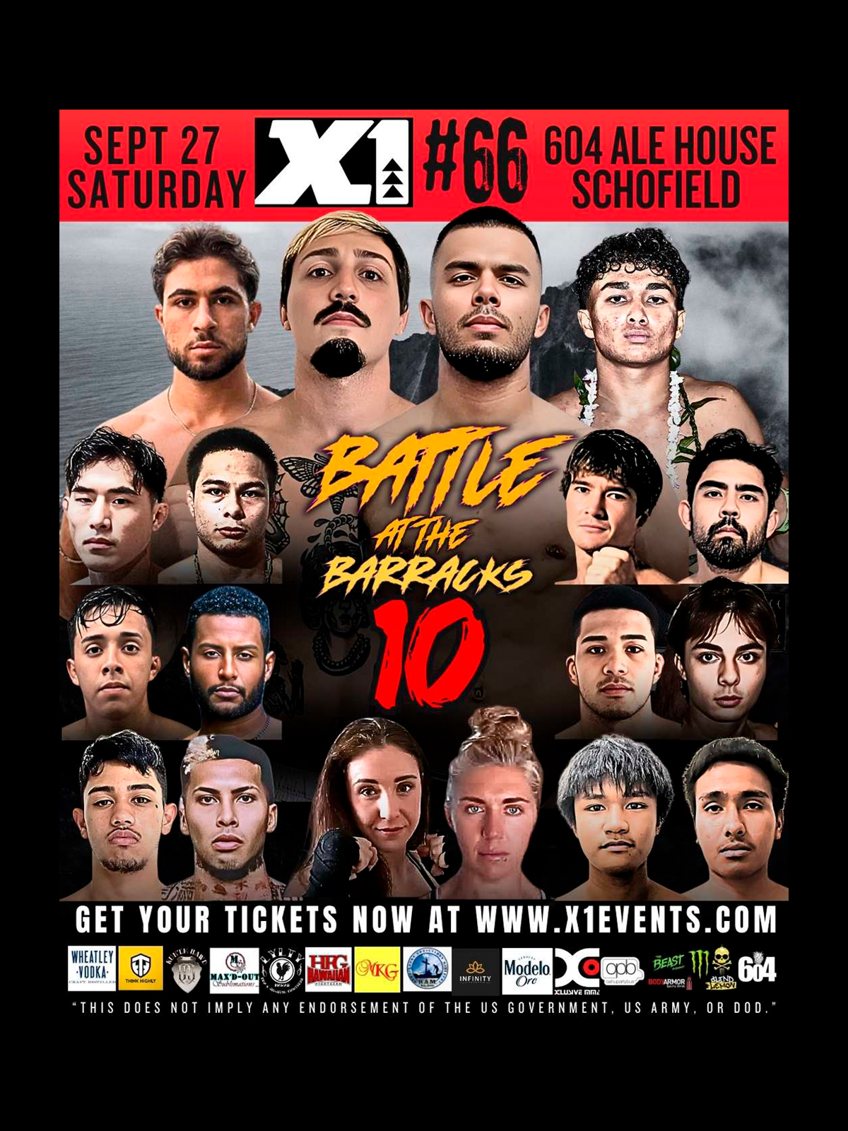 Poster — X-1 #66: Battle at the Barracks 10 at 604 Ale House – Schofield Barracks featuring Brandon Land and Chris Vanny Gonzalez.